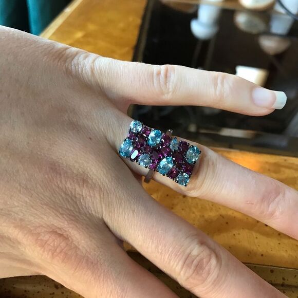 Natural Rhodolite Garnet Blue Zircon Sterling Silver Cocktail Ring Size 6 - Picture 9 of 9